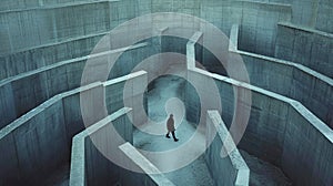 Man inside concrete labyrinth, person walks in surreal endless maze, aerial view. Concept of lost, problem, uncertainty, business