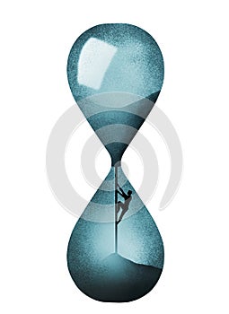 A man inside an hourglass tries to climb back up to turn back time