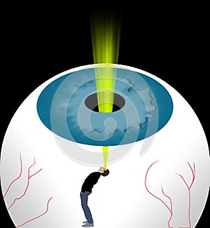 A man inside a human eyeball looks out through the pupil