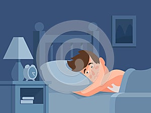 Man with insomnia lying in bed at dark night background. Sleepless person awake with tired face cartoon vector