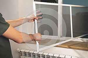 Man installing the mosquito net on the window