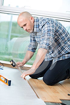 Man installing new laminated wooden floor