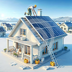 Man installing solar panels on house, generative ai