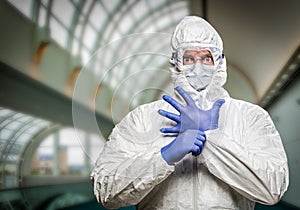 Man With Intense Expression Wearing HAZMAT Protective Suit