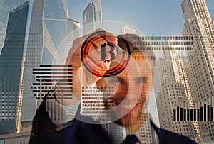 Man interact virtual display business graphics. Create bitcoin wallet. Mining crypto currency bitcoin. Solve block earn