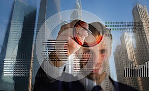 Man interact virtual display business graphics. Create crypto currency wallet. Mining crypto currency. Solve block earn