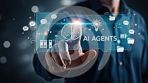 Man Interacting with AI Agents Interface on Virtual Screen