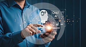 Man Interacting with AI Chatbot Interface on Digital Screen