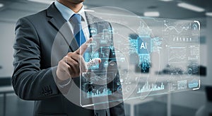 Man Interacting with Artificial Intelligence Interface Showing Business Data Charts