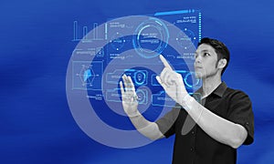 Man interacting with augmented reality screen interface