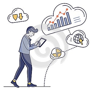Man interacting with cloud data and analytics visualizations on a tablet