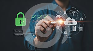 Man Interacting with Cloud Security and Data Protection Interface