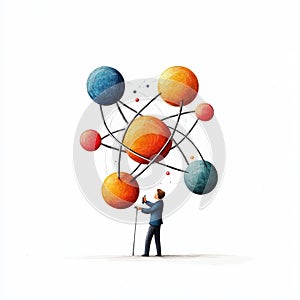 Man interacting with colorful atom model