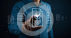 Man interacting with digital checklist document on virtual interface