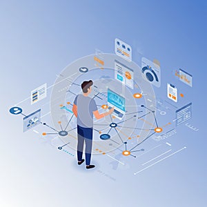 Man interacting with a digital interface displaying data analytics and network