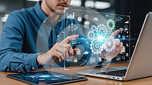 Man interacting with digital interface  on white background