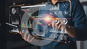 Man Interacting with Digital Project Management Gantt Chart and Data Dashboard.