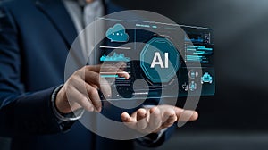 Man interacting with futuristic ai interface displaying data and cloud technology