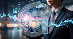 Man interacting with futuristic digital holographic interface and data visualizations