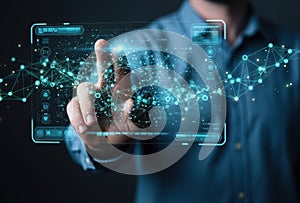 Man interacting with futuristic digital interface with network connections and data visualization