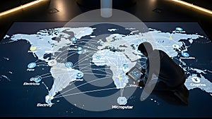 Man Interacting with Global Network Visualization on Large Screen