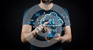 Man Interacting with Glowing Cloud Data Network: Modern Tech Scene