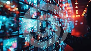 Man Interacting with a Wall of Digital Screens