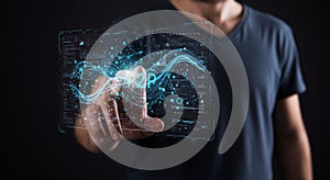 A man interacts with a digital interface displaying futuristic graphics and data,