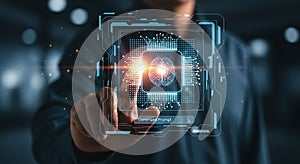 Artificial Intelligence Neural Network Human Brain Technology Interface with Person Touching Screen and Command Prompt