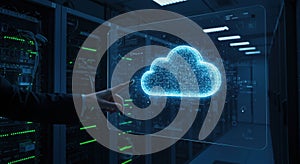 Data Center Cloud Computing: Man Interacting with Holographic Interface