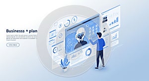 A man interacts with a large digital interface displaying data analytics and charts,