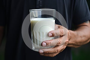 Man invites everyone to strengthen with calcium, holding a milk glass