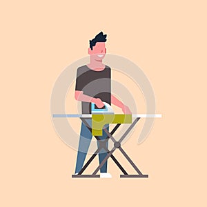 Man ironing clothes guy holding iron doing housework housekeeping concept male cartoon character full length flat gray