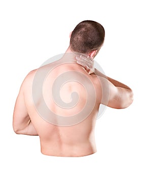 Man isolate on a white background. A man holds a place of pain in his neck with his hand