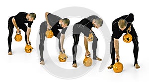 Man on isolated white background performing alternating bent-over rows with two yellow kettlebells