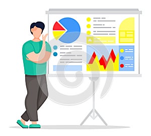 Man isolated at white background show presentation at digital board with charts, graphics, diagrams