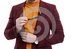 Man isolated on white. Stylish man wearing business jacket. Menswear fashion. Elegant stylish man in jacket with photo