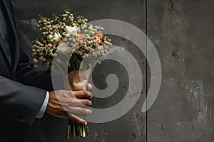 Man in a jacket holds an elegant bouquet of roses for March 8 and Valentine Day