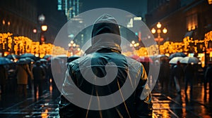 Man in a jacket with a hood in the city at night view from the back, concept