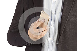 Man in jacket with mobile phone in hand isolated on white background. A guy in a business suit with a smartphone close-up.