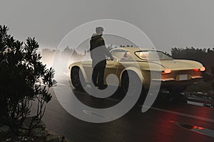 Man in jacket opening car door on wet road. 3d render