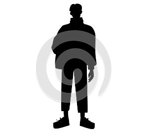 Man in jacket standing with hand in his pocket, front view, vector silhouette