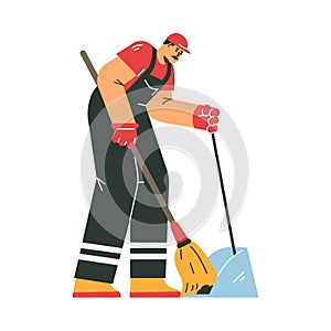 Man janitor with broom and scoop collects garbage, cleaning service character in uniform with equipment cartoon vector