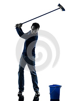 Man janitor brooming cleaner golfing silhouette full length