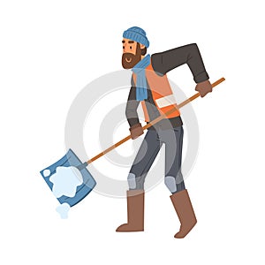 Man Janitor Cleaning Snow with Big Shovel Outdoors, Male Professional Cleaning Staff Character with Equipment Vector