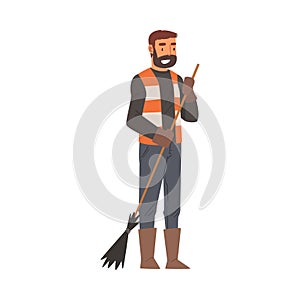 Man Janitor Sweeping with Broom, Male Professional Cleaning Staff Character with Equipment, Cleaning Company Service