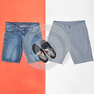 Man jeans shorts with a black shoes isolated