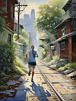 Man on daily jog through city scenery