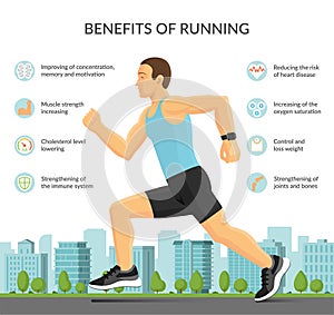 Man jogging outdoors. Benefits of running infographic concept with sport fitness icons. Vector illustration