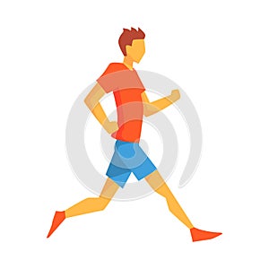 Man Jogging In Slow Pace, Male Sportsman Running The Track In Red Top And Blue Short In Racing Competition Illustration